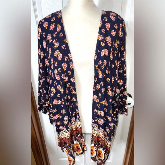 Ultra Flirt Boho Cardigan Wrap Kimono Floral Lace Back Navy Blue Size Large - Picture 1 of 4